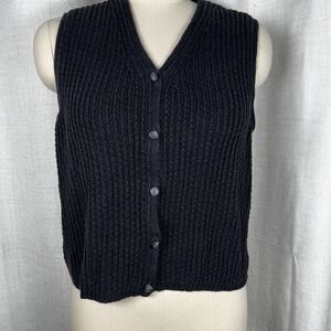 VTG Eddie Bauer Sweater Vest Women's Large Petite Black Linen Blend Cable Knit
